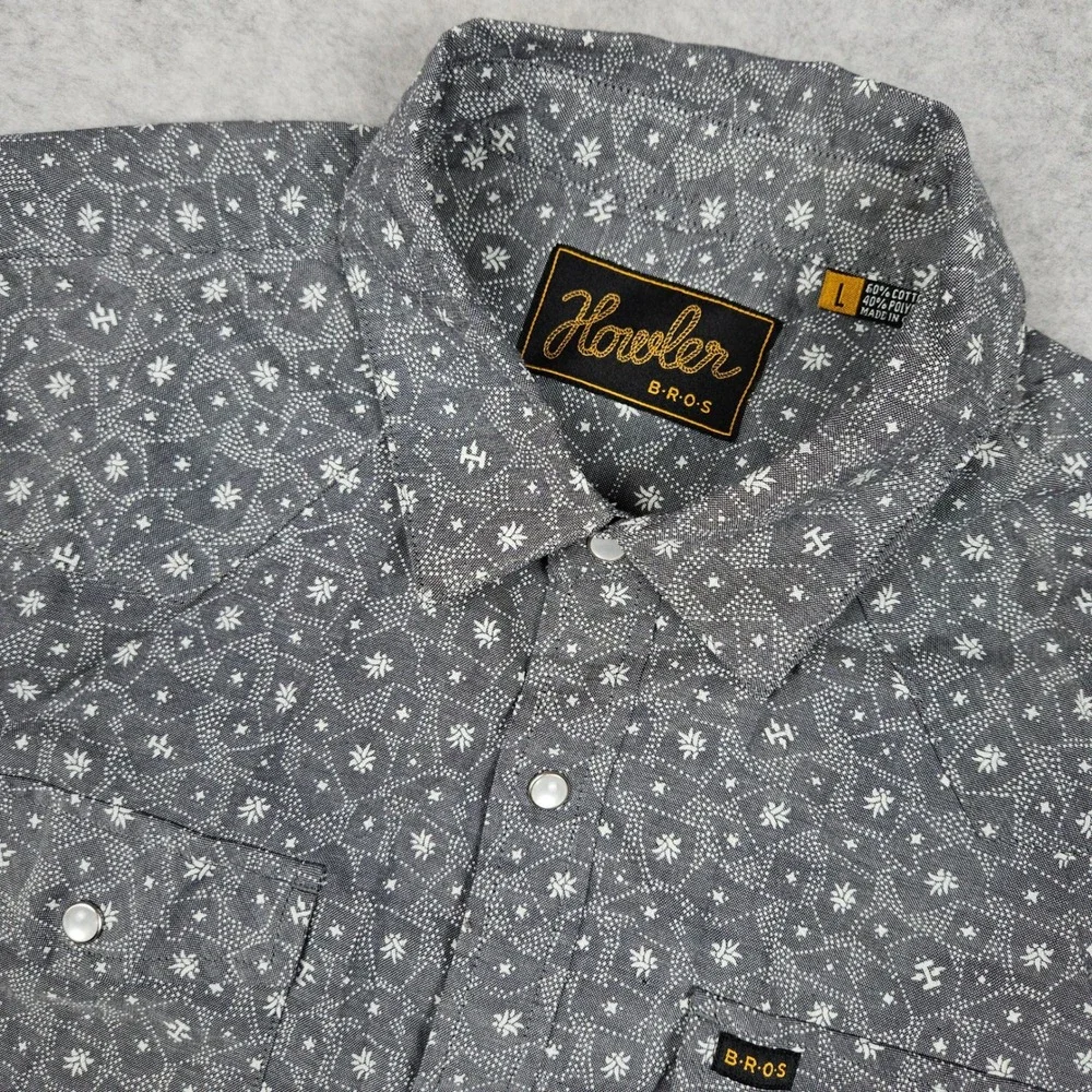 Howler Bros H Bar B Mens Large Gray Short Sleeve Pearl Snap Western Gaucho Shirt